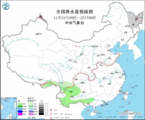全国降水量预报图(11月24日08时-25日08时)